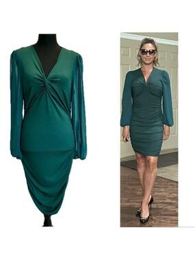Seductions dark green ribbed front twist knot V-neck bodycon mini dress Sz M